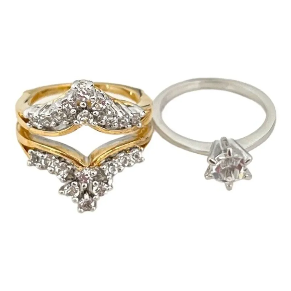 Vintage 1970s Wedding Ring Set Size 7 CZ Bridal Cluster Gold Plated Band - 14R